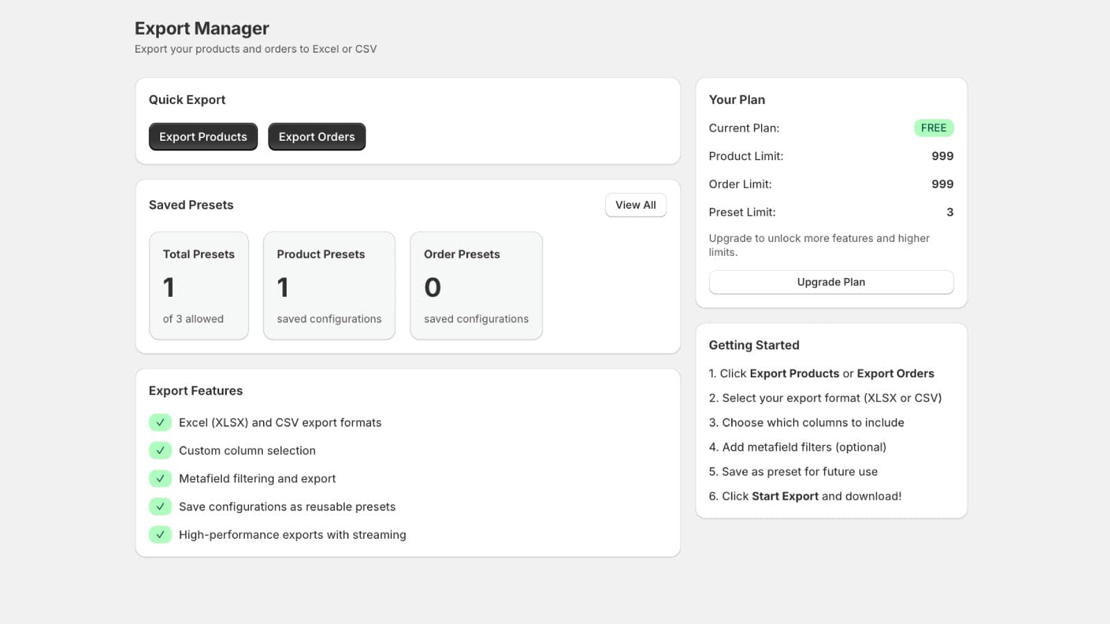 Export Manager dashboard showing quick export options for produc