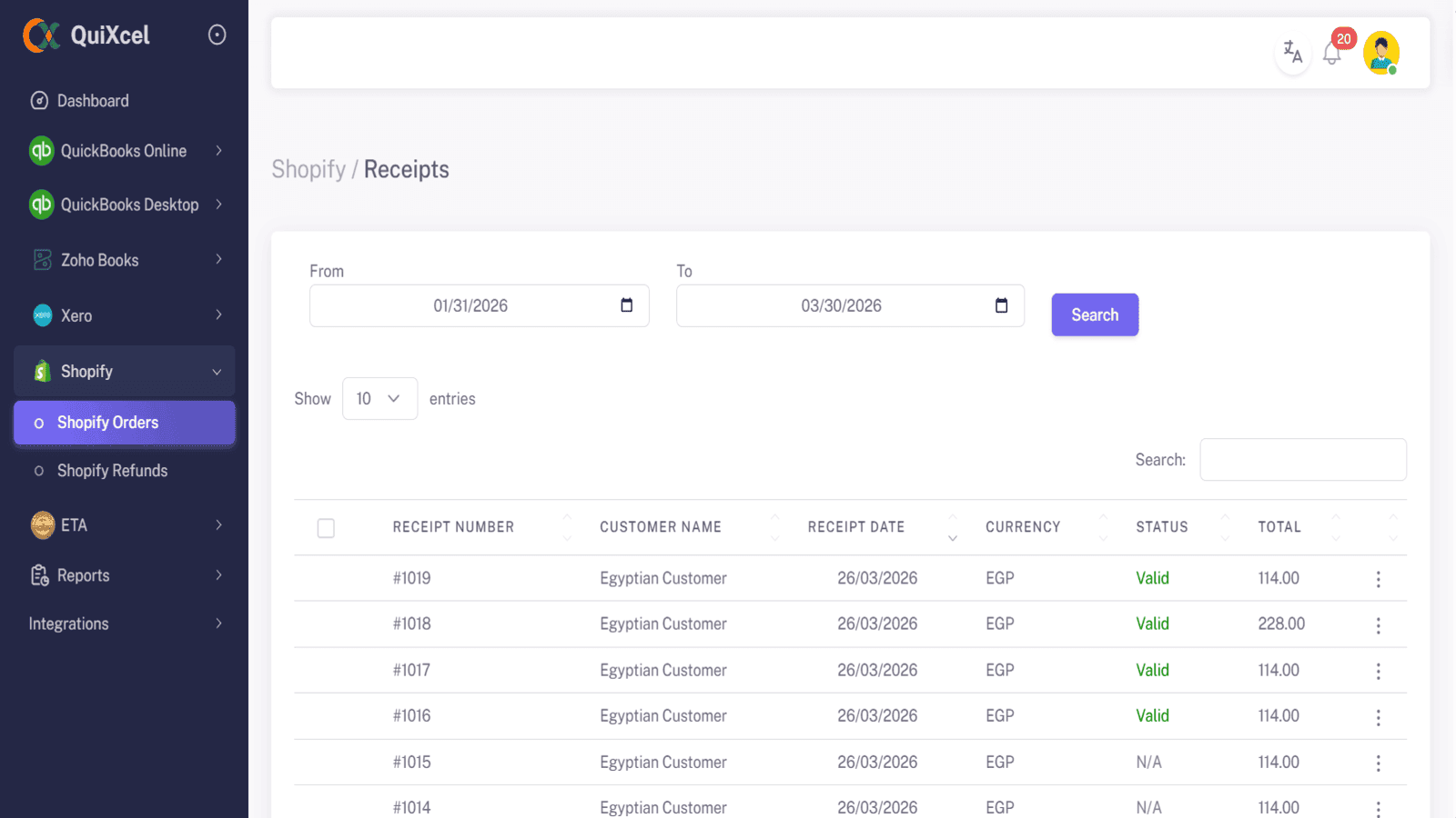 QuiXcel Shopify Orders: Egyptian Customer EGP 26/03/2026