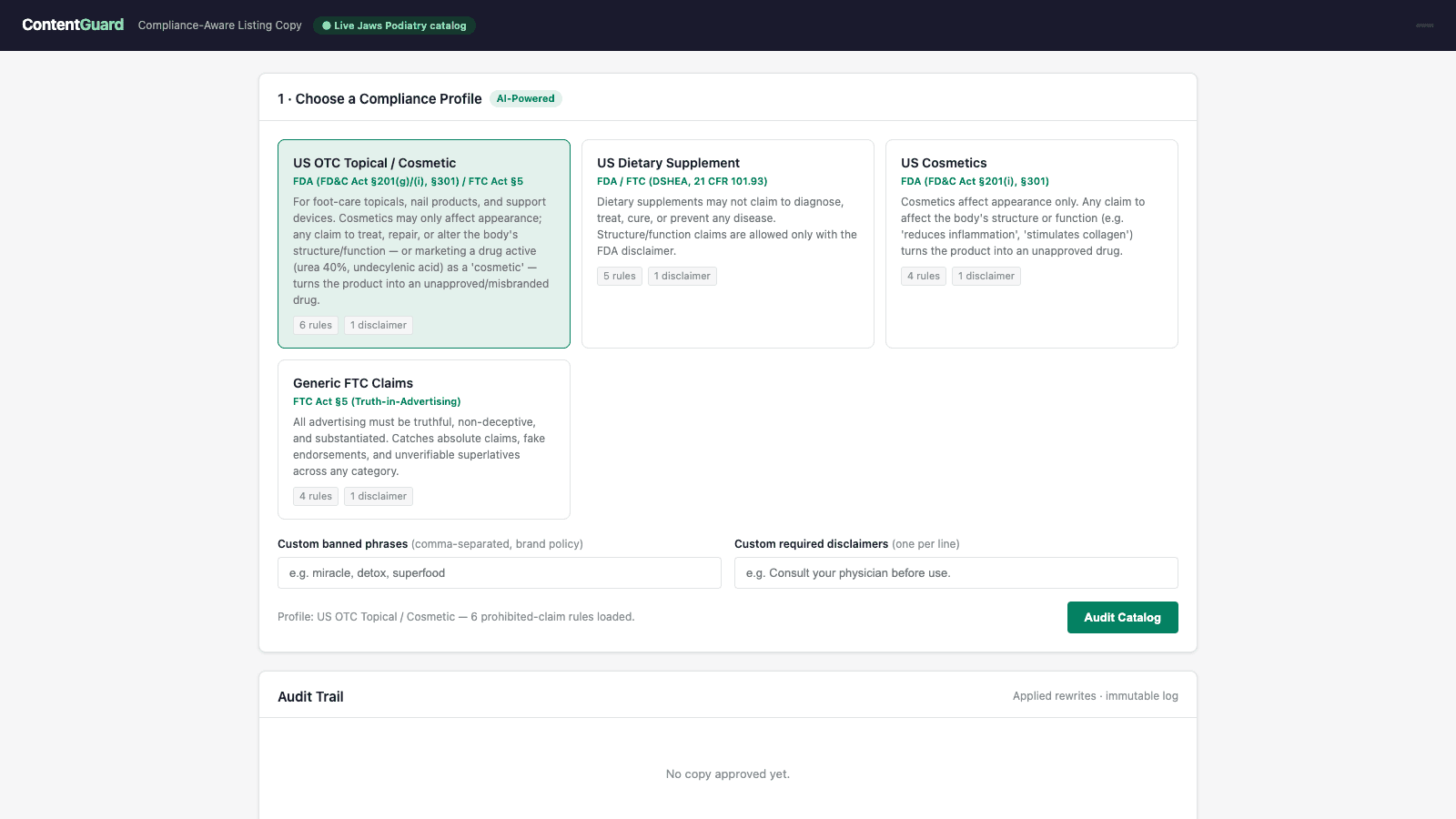 ContentGuard scans product copy and rewrites risky claims safely