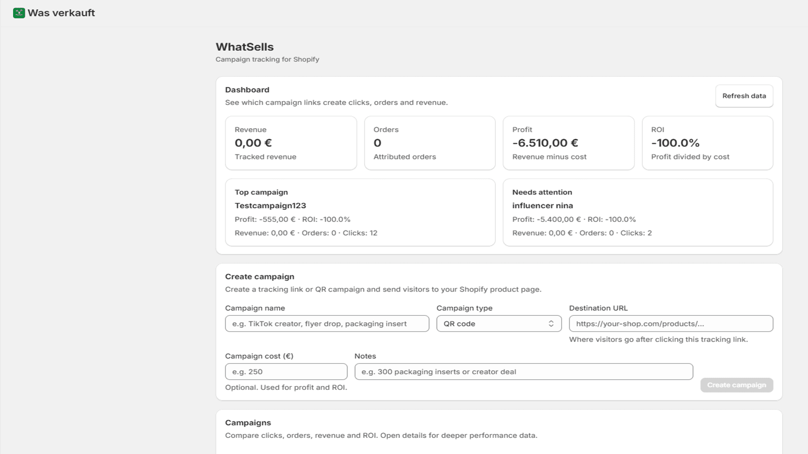 Shows a created campaign in the WhatSells dashboard