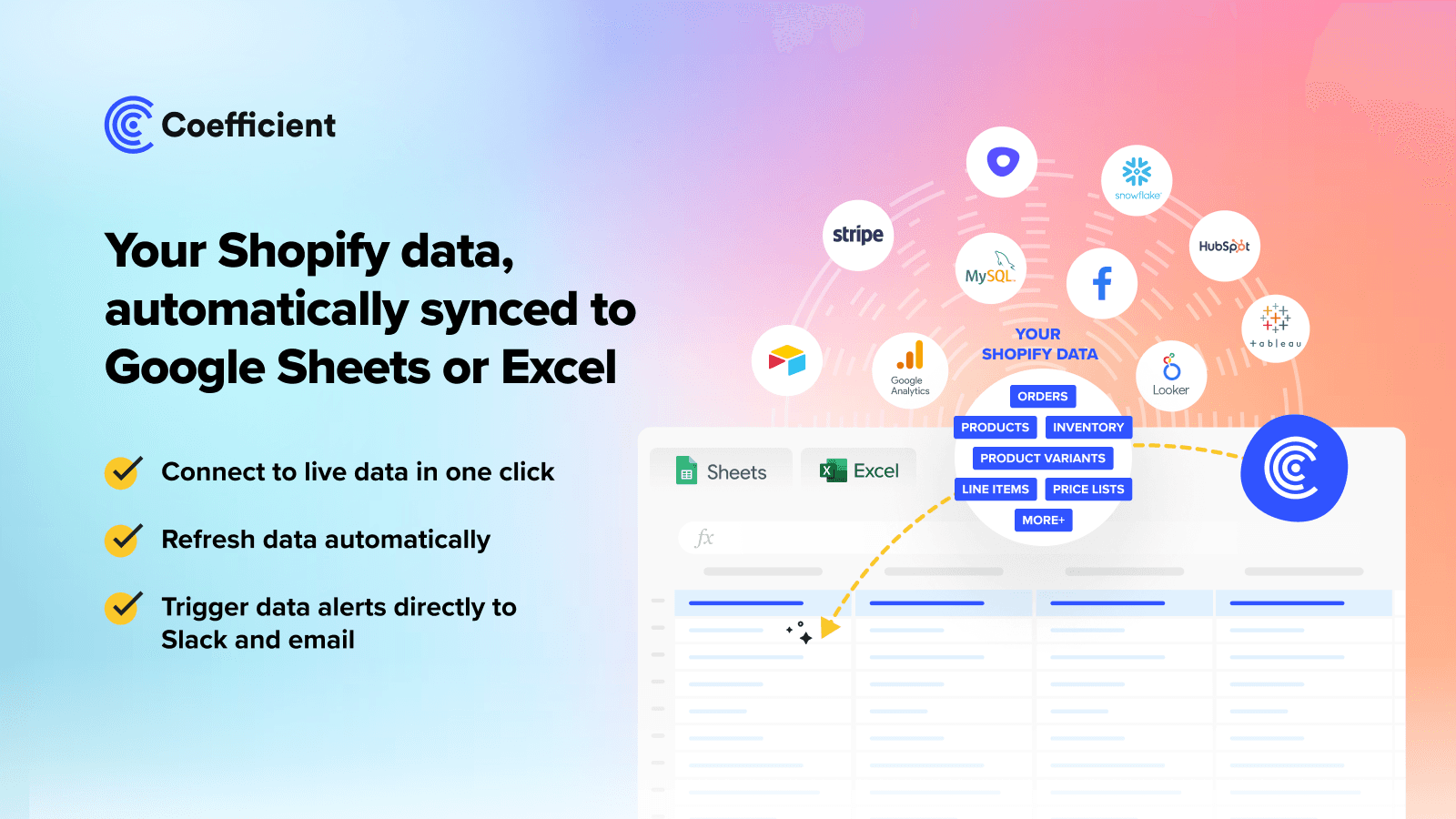 Your Shopify data, automatically synced into spreadsheets