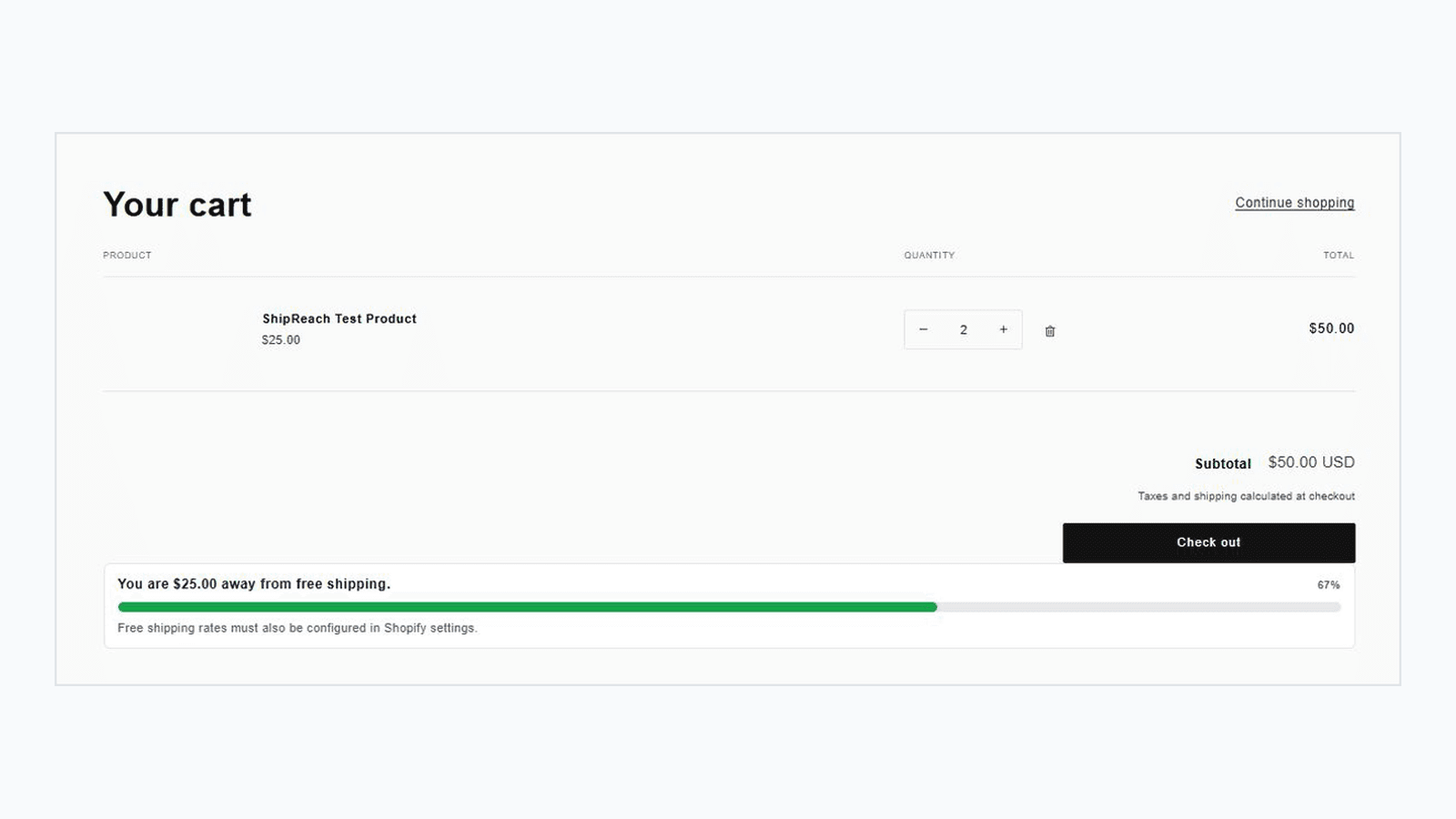 Cart page showing shipping goal progress