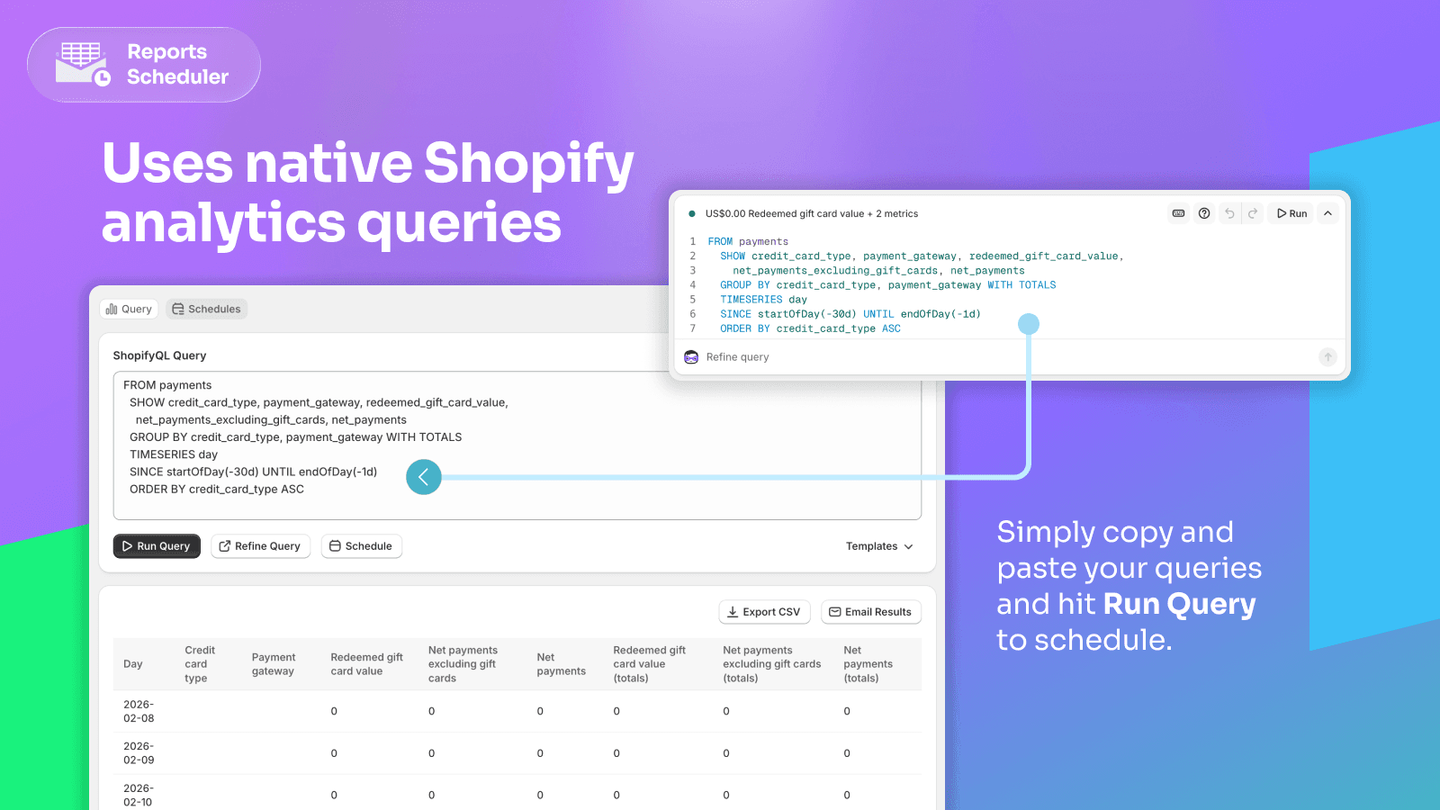 Schedule emails to your inbox with native Shopify report queries
