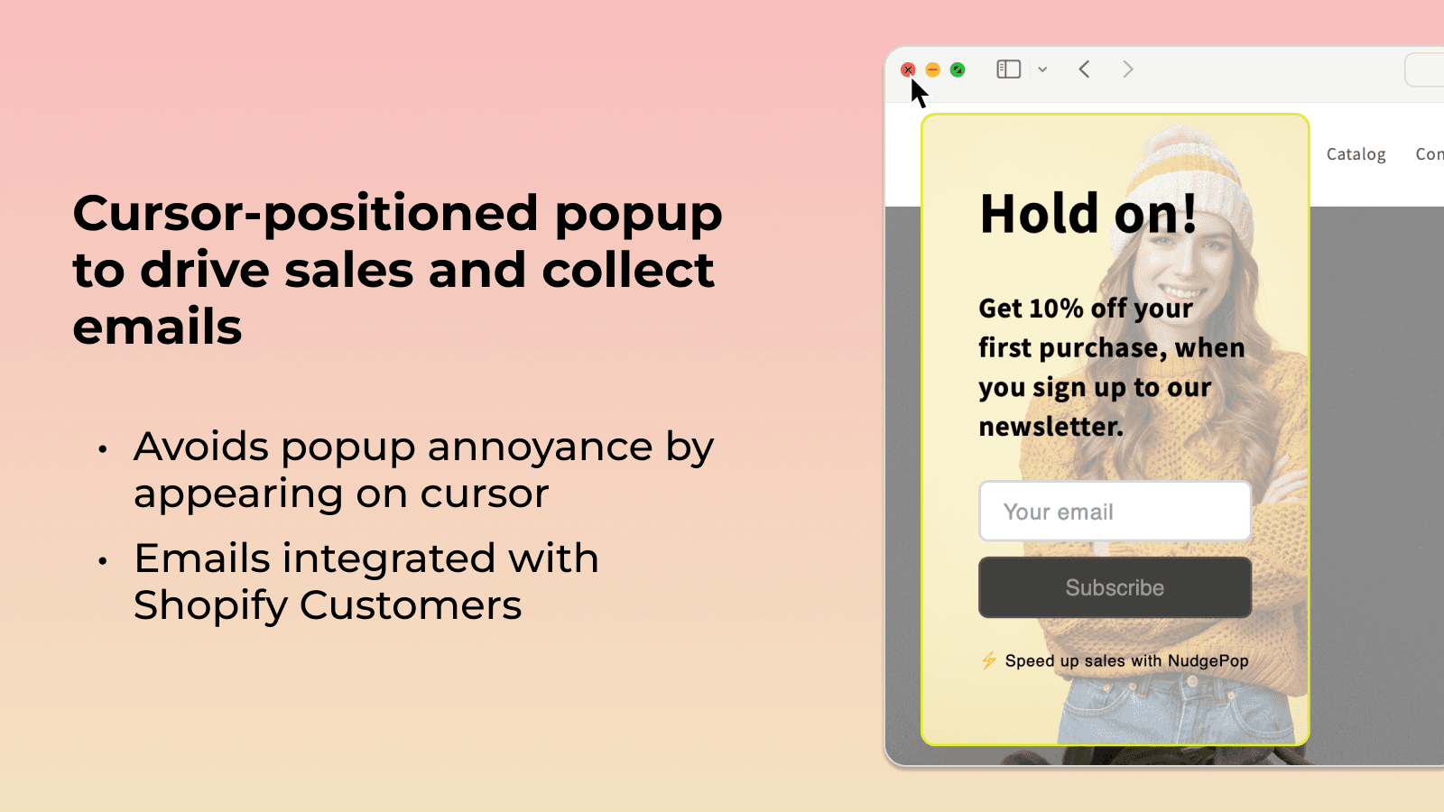 Cursor-positioned popup to drive sales and collect emails.