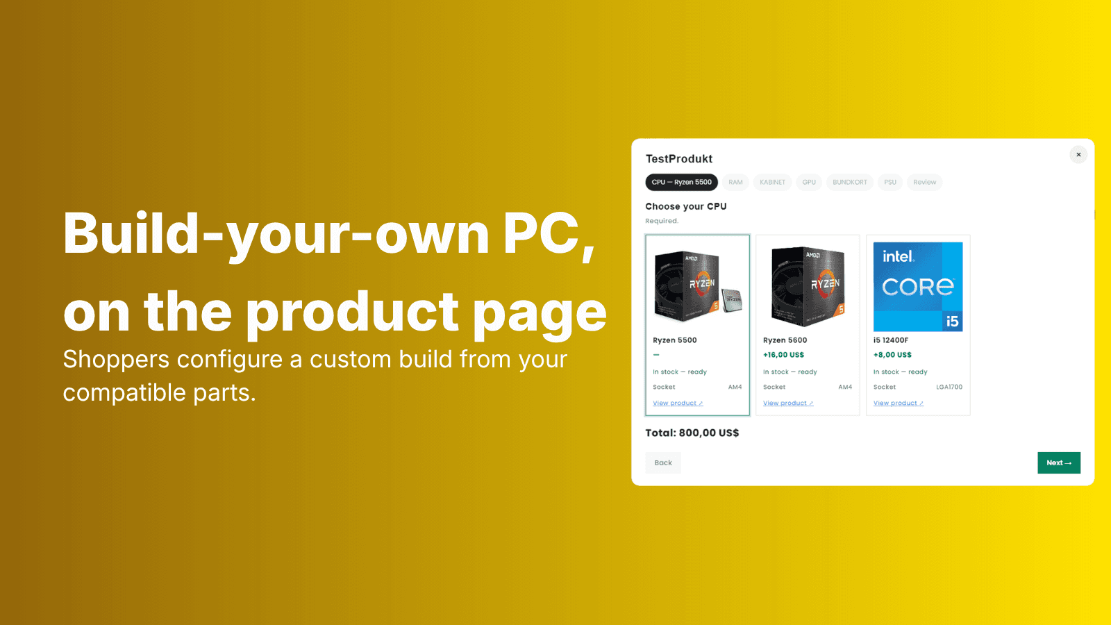 Custom PC configurator open on a Shopify product page