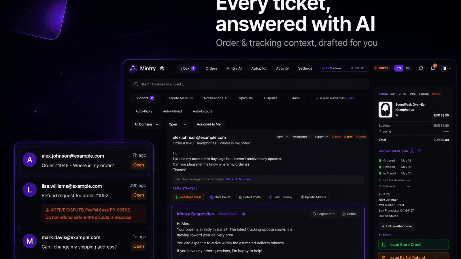 AI support inbox with order context