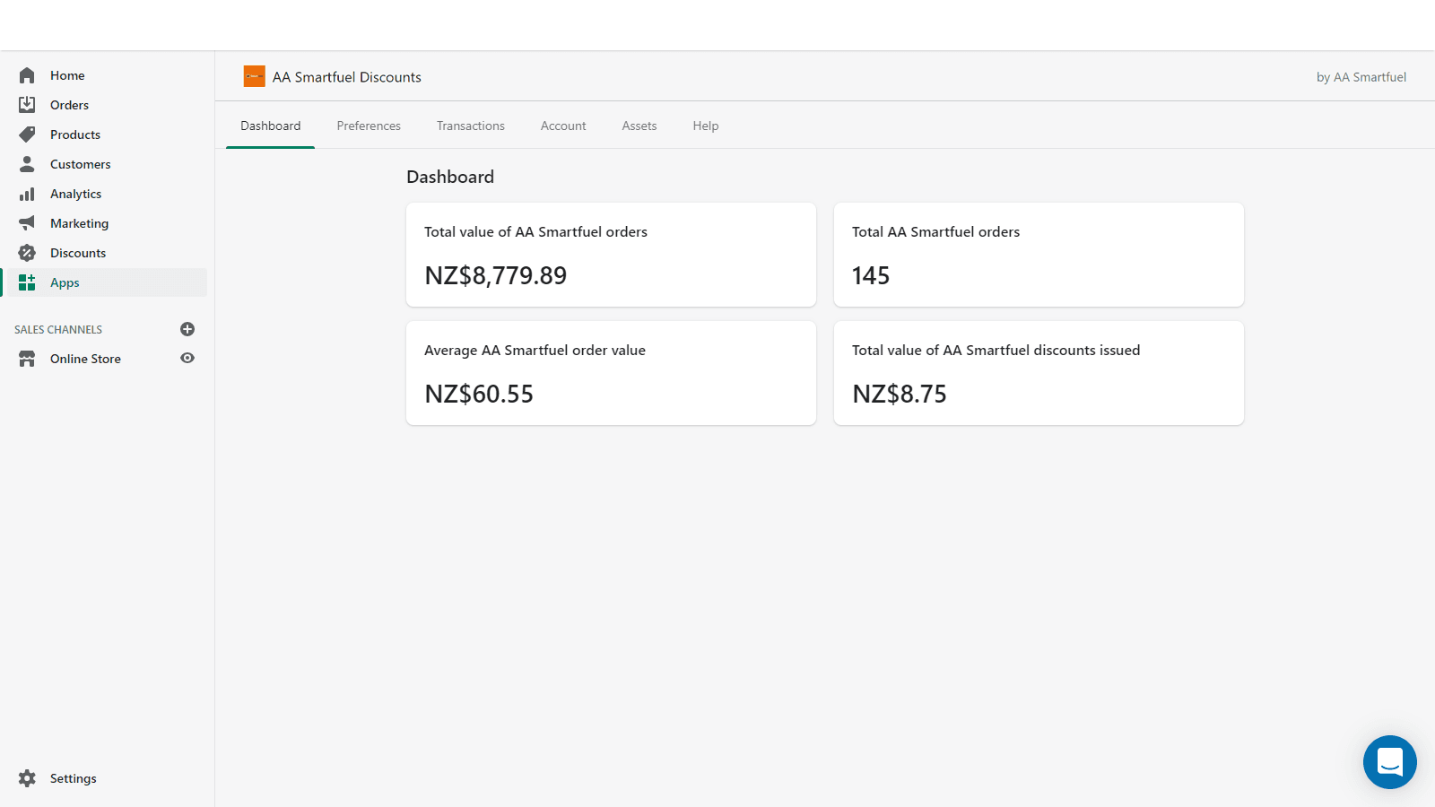 Dashboard of AA Smartfuel Shopify app