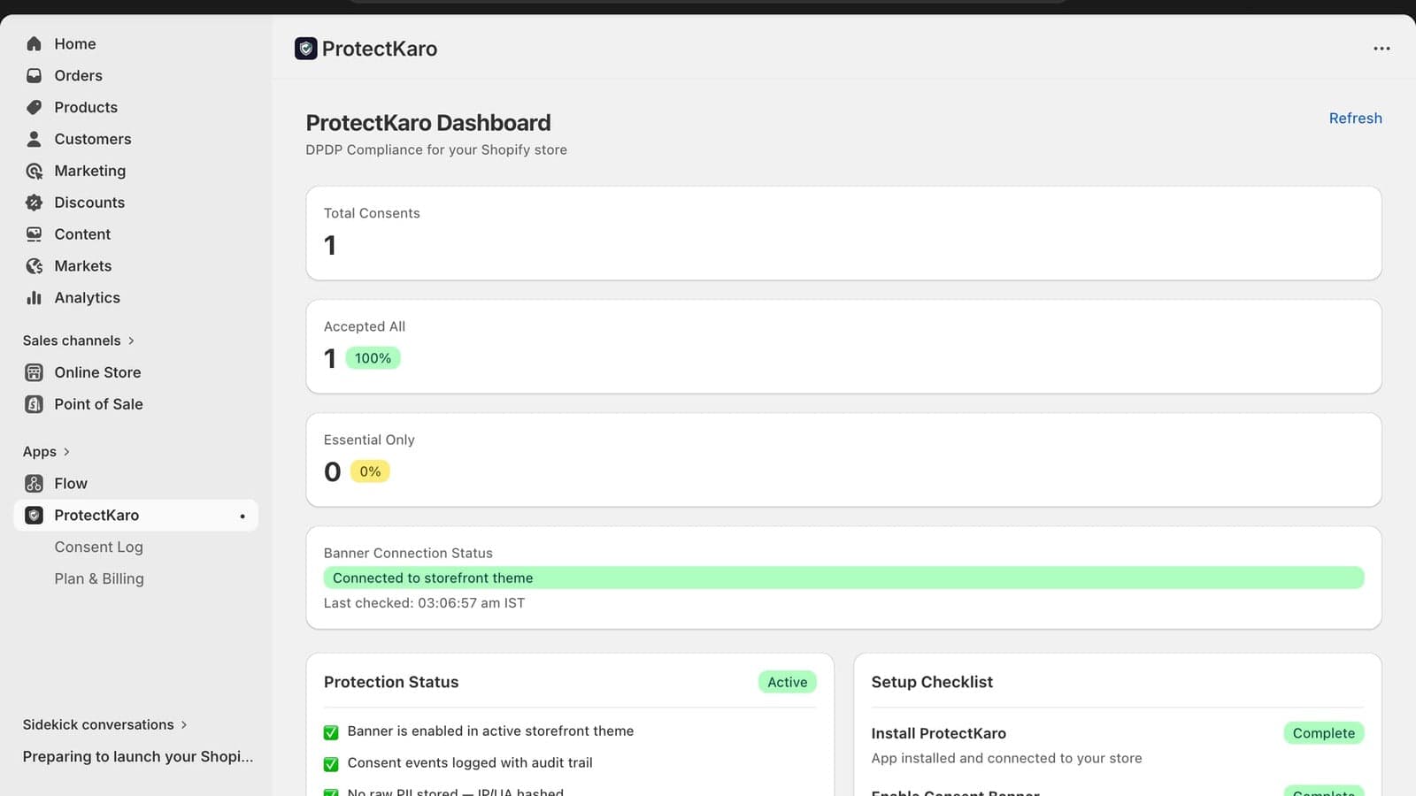 ProtectKaro consent banner and compliance dashboard for Shopify