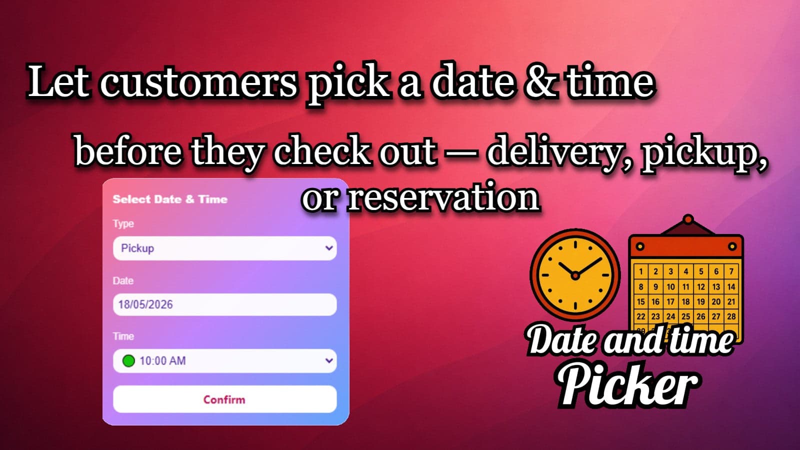 Date and time picker widget for pickup, delivery, or reservation