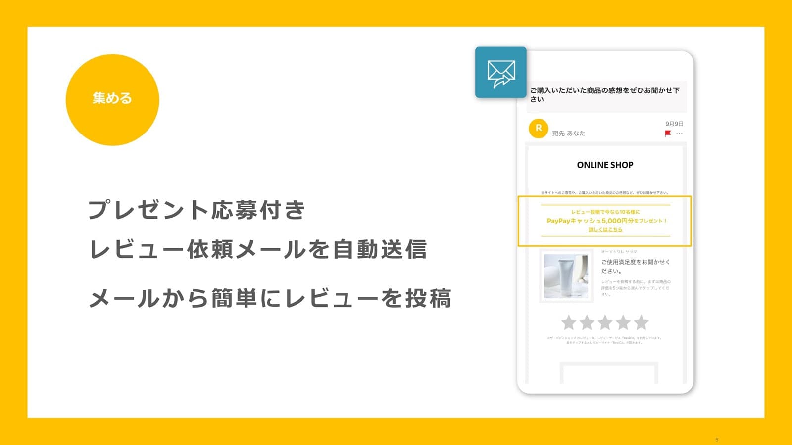 プレゼント応募付きのレビュー依頼メールを自動配信!メールから簡単にレビューを投稿
