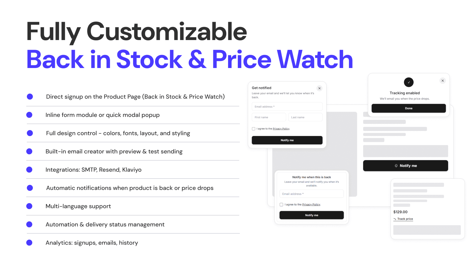 fully customizable back in stock & price watch app