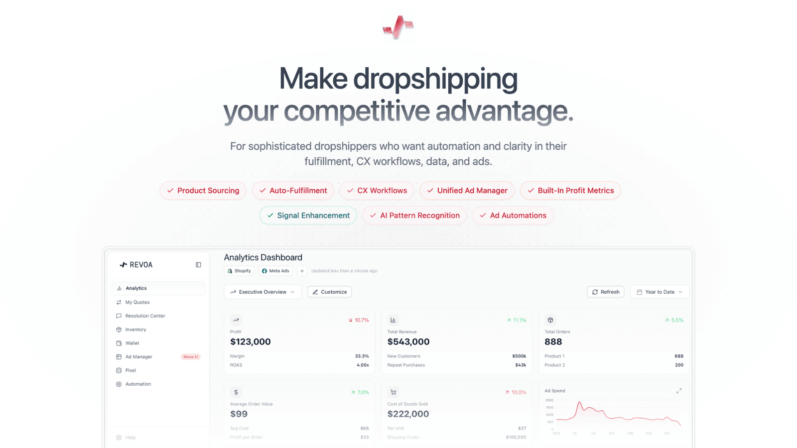 Revoa is the most advanced AI operating system built for Shopify