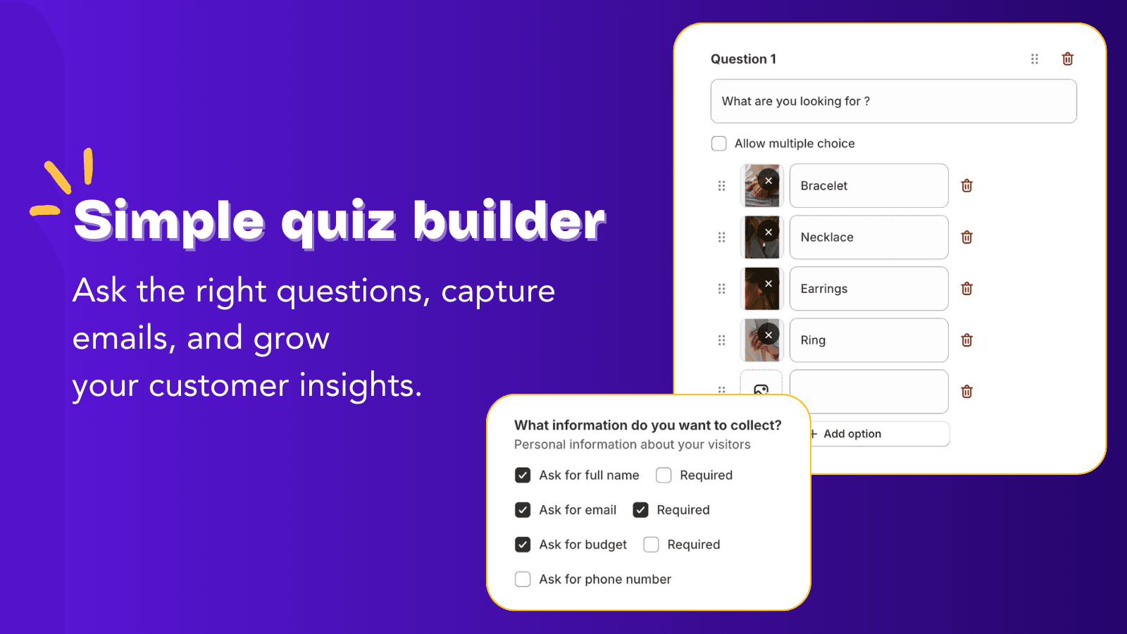Brandye quiz builder to ask questions and collect customer data