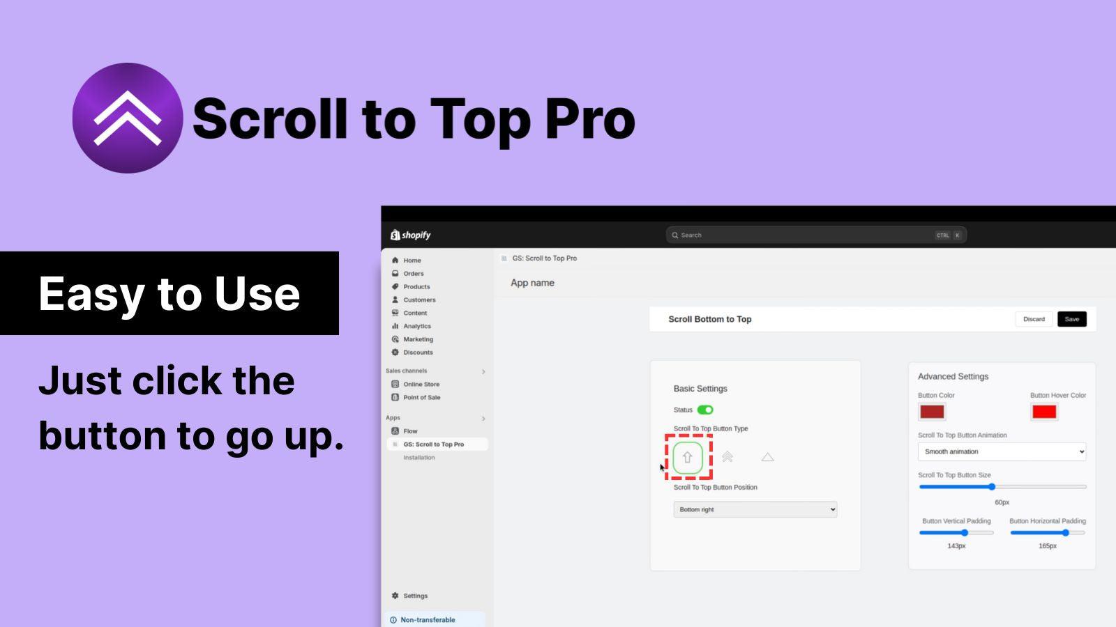 Scroll to Top Pro app showing basic setting in Shopify dashboard