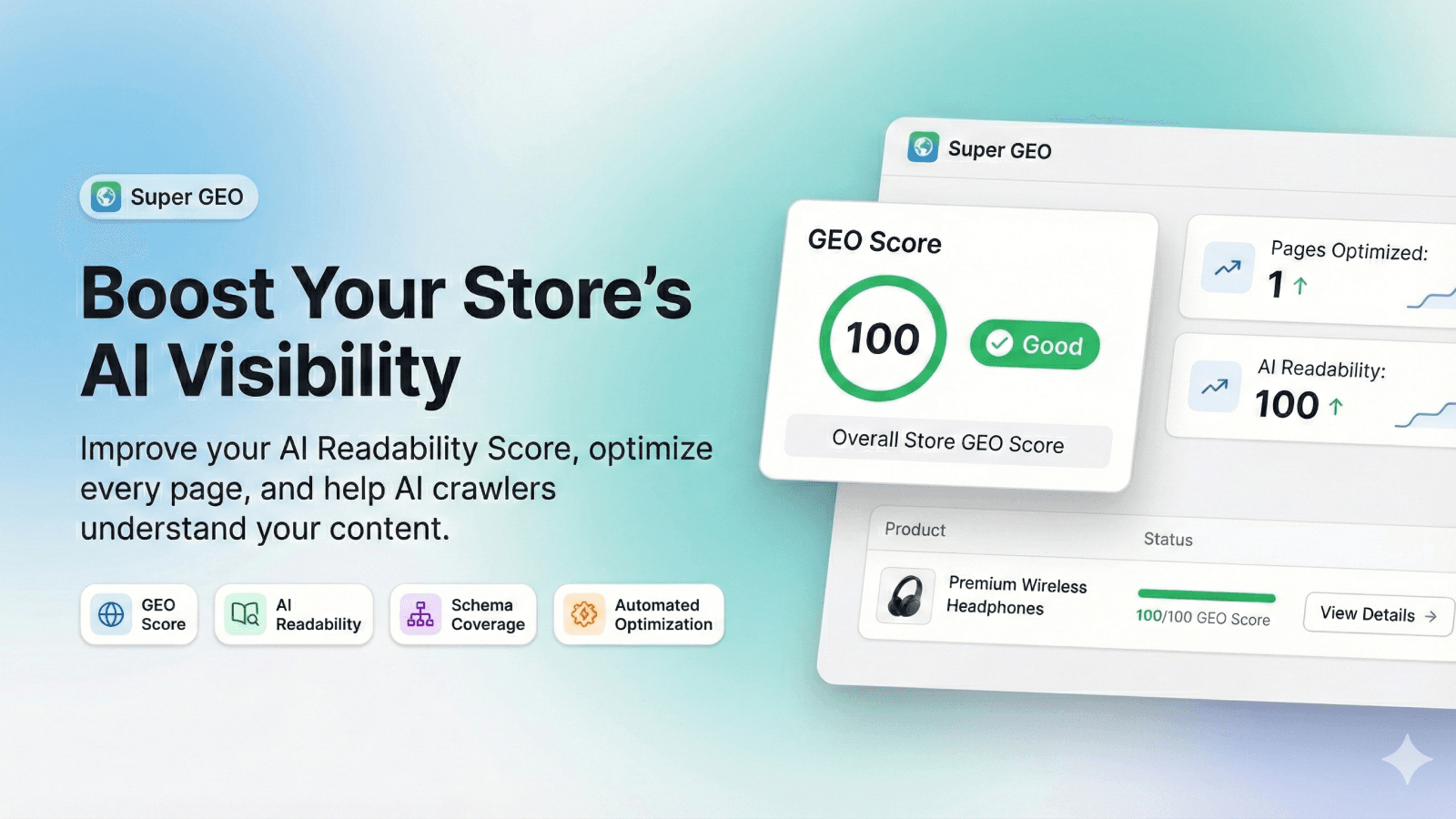 Hero graphic for PageX showcasing GEO Score 100, AI Readabil