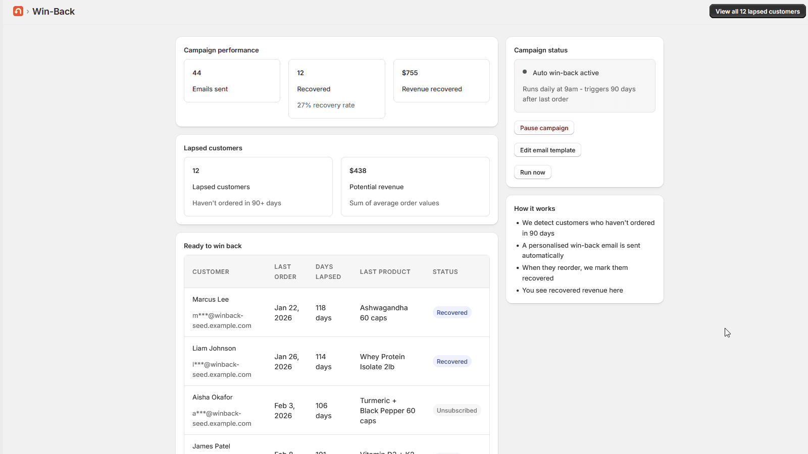 Campaign dashboard: stats, recovery rate, lapsed customers