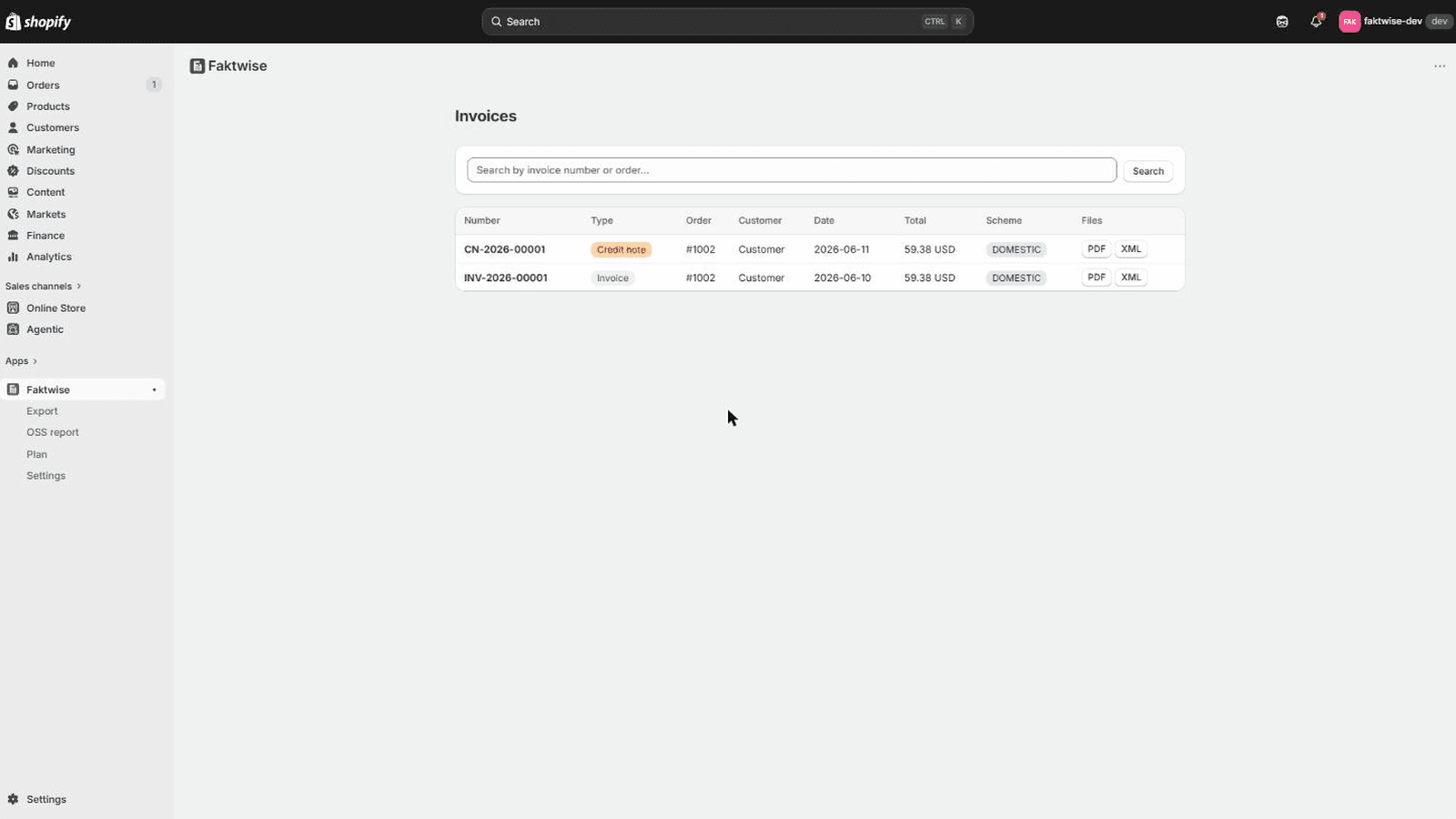 Faktwise dashboard with invoices and credit notes from orders