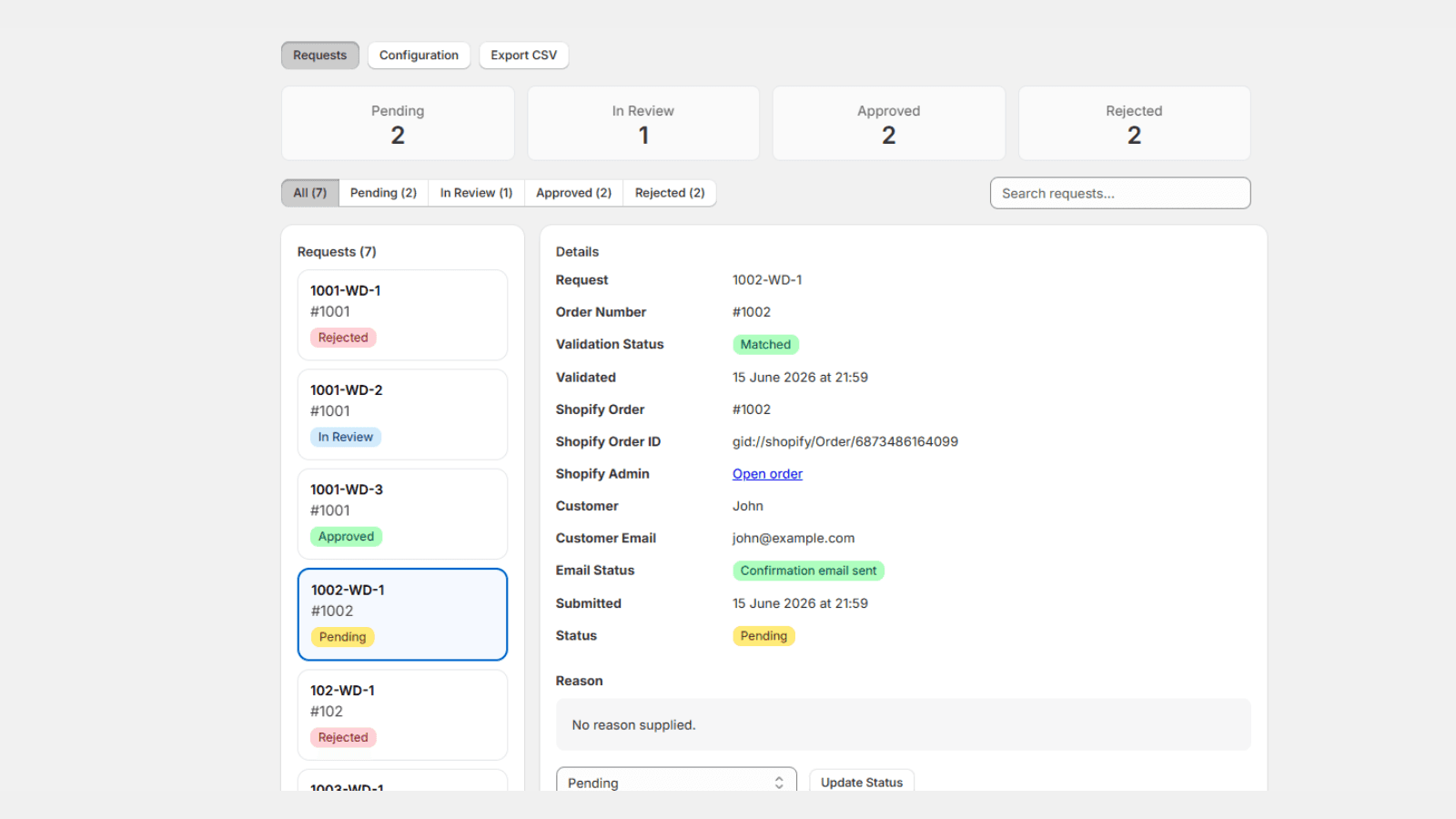 Withdrawal request management dashboard