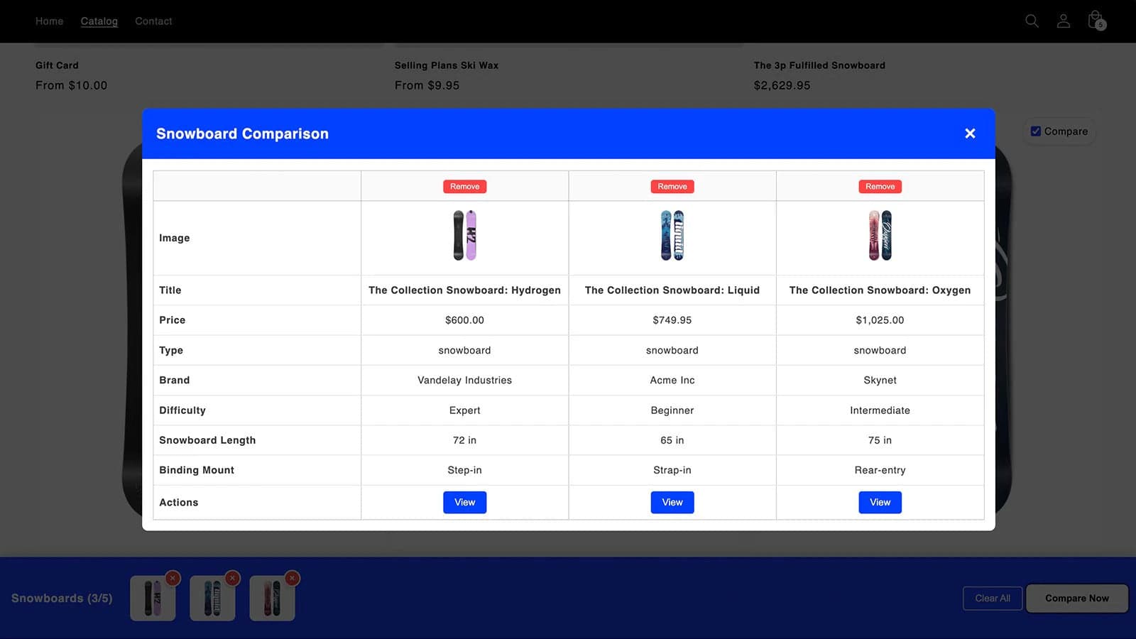 Comparison table of products shown