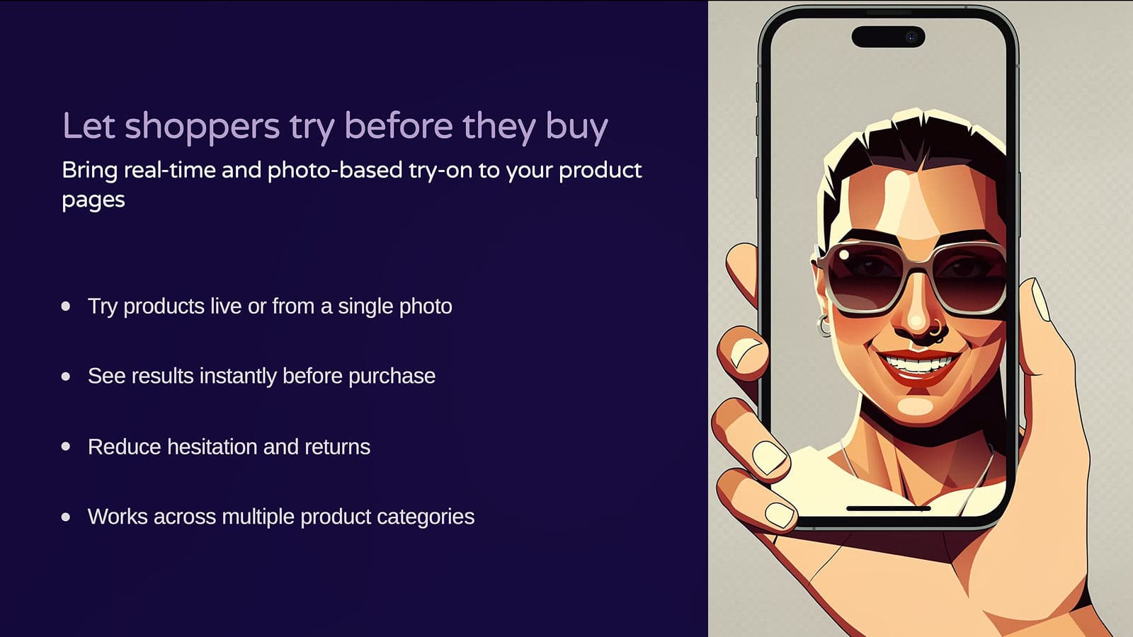AI photo try-on: shopper previewing eyewear on phone