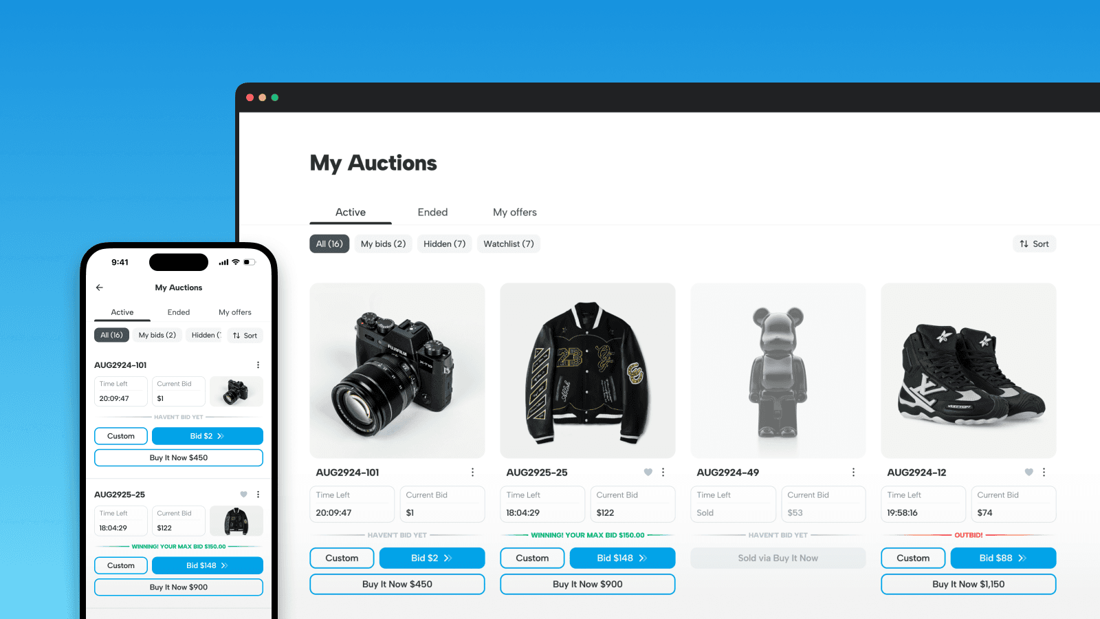 Storefront view shows customers the status of auctions