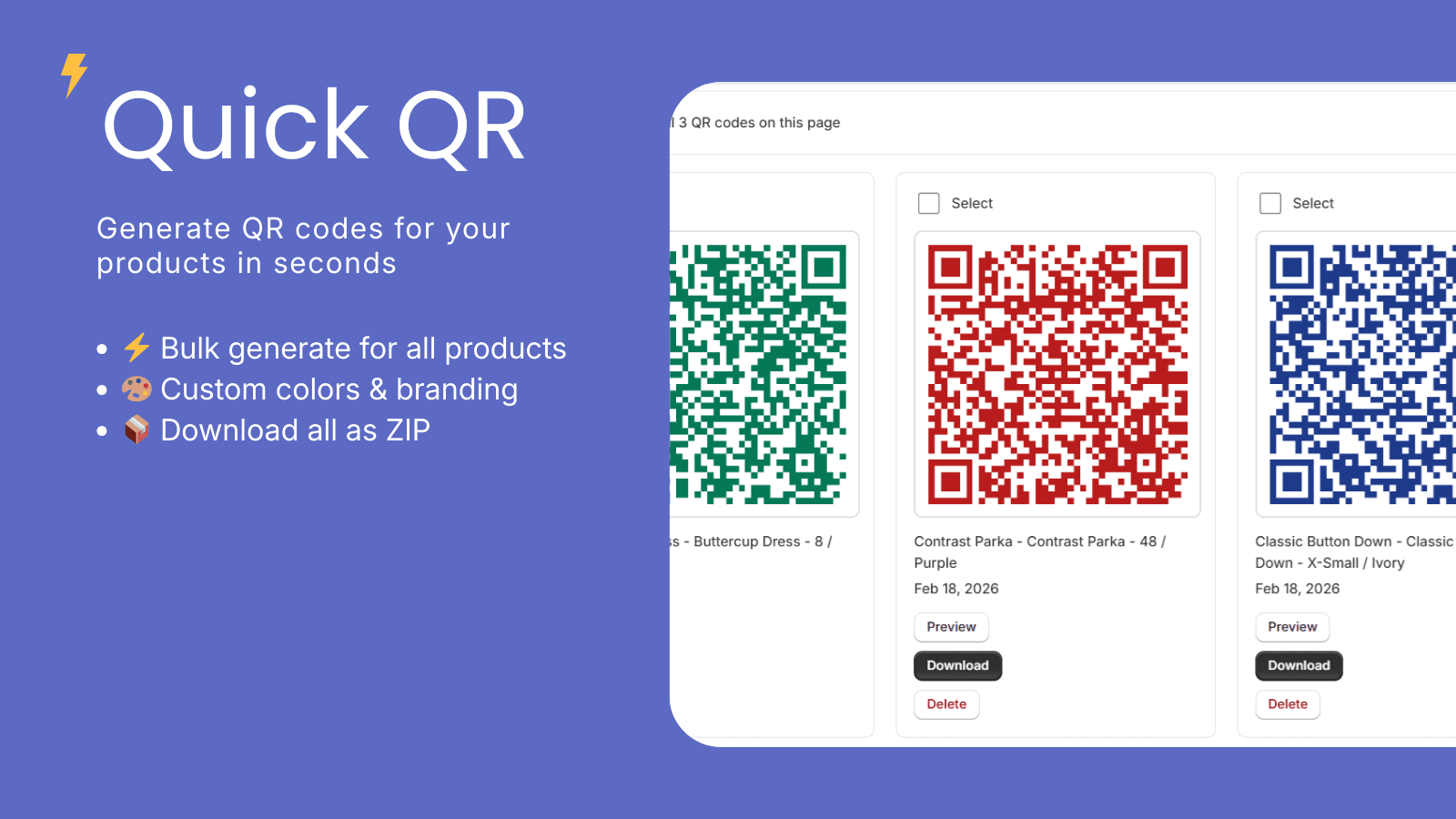 QR code generator app showing colorful product codes