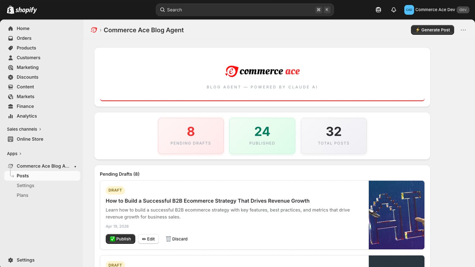 Commerce Ace Blog Agent dashboard with post stats and draft post