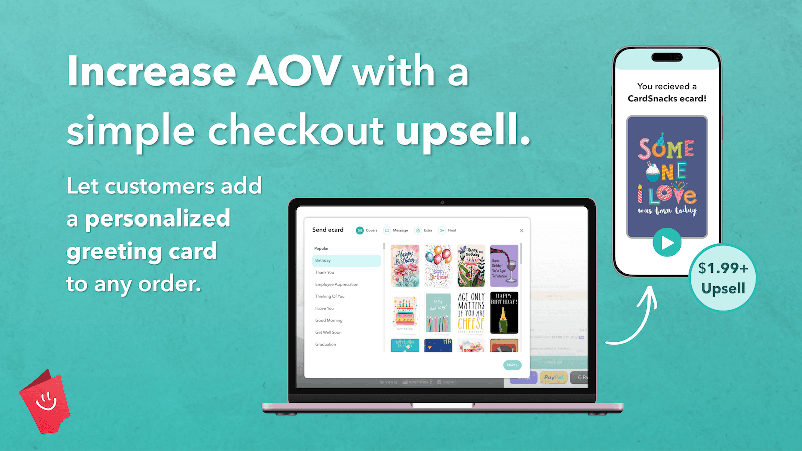 Checkout upsell adding a personalized greeting card to increase