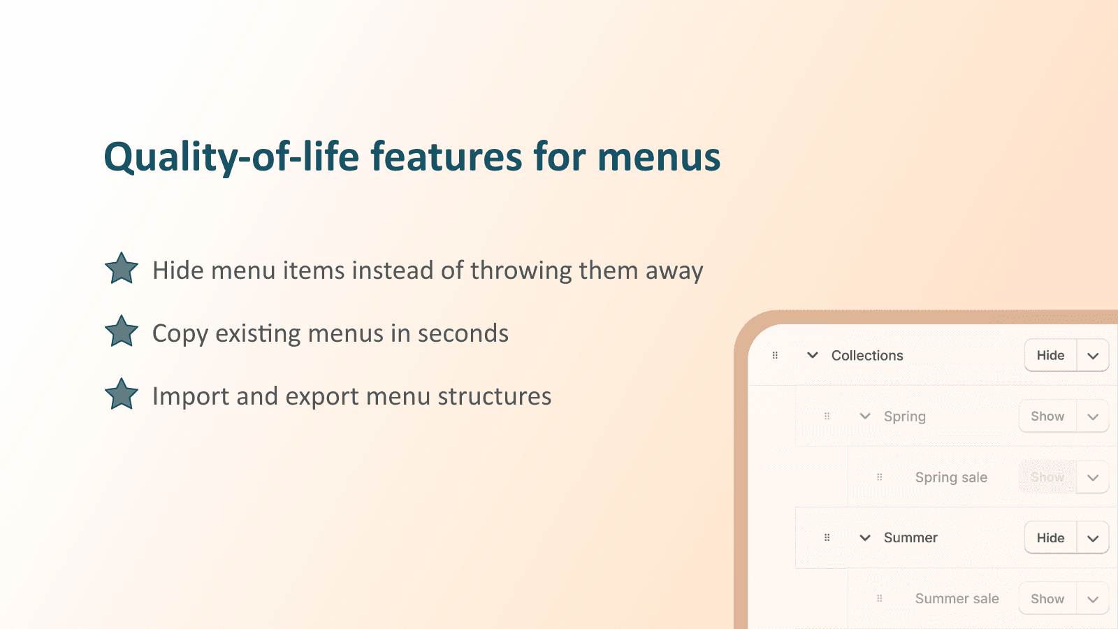 Hide menu items, duplicate navigation menus, import/export menu