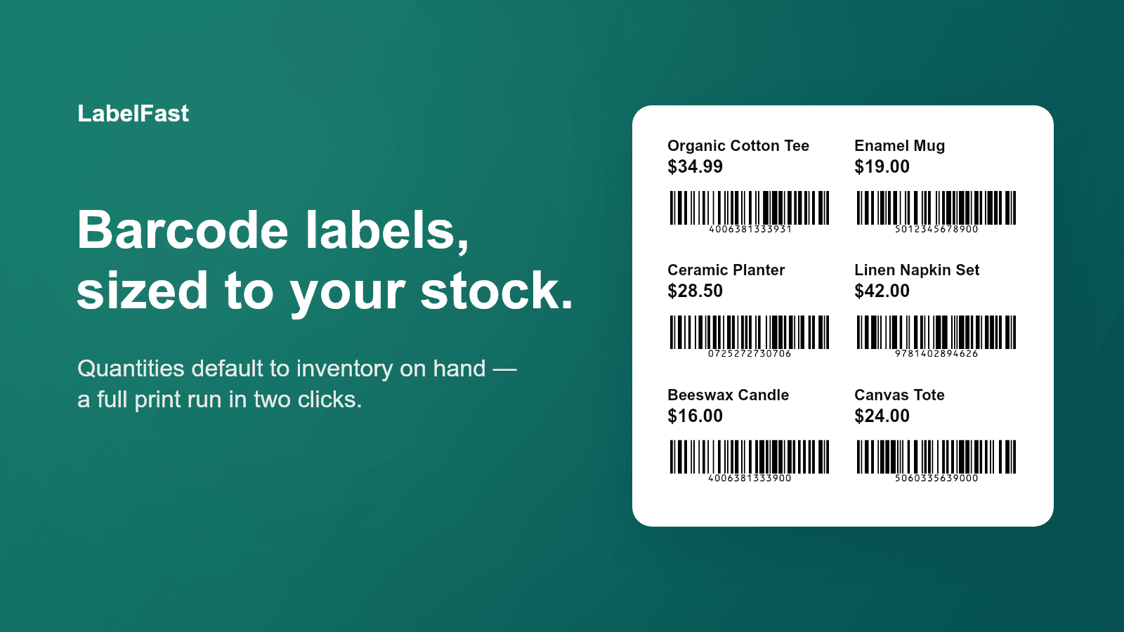 Printed barcode labels with product names, prices, and barcodes