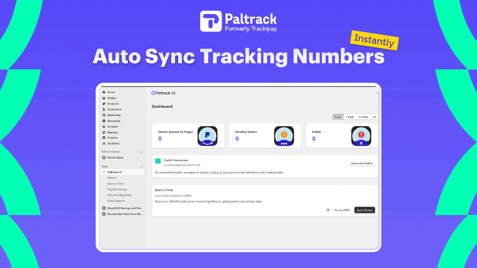 Paltrack PayPal tracking sync dashboard interface screenshot