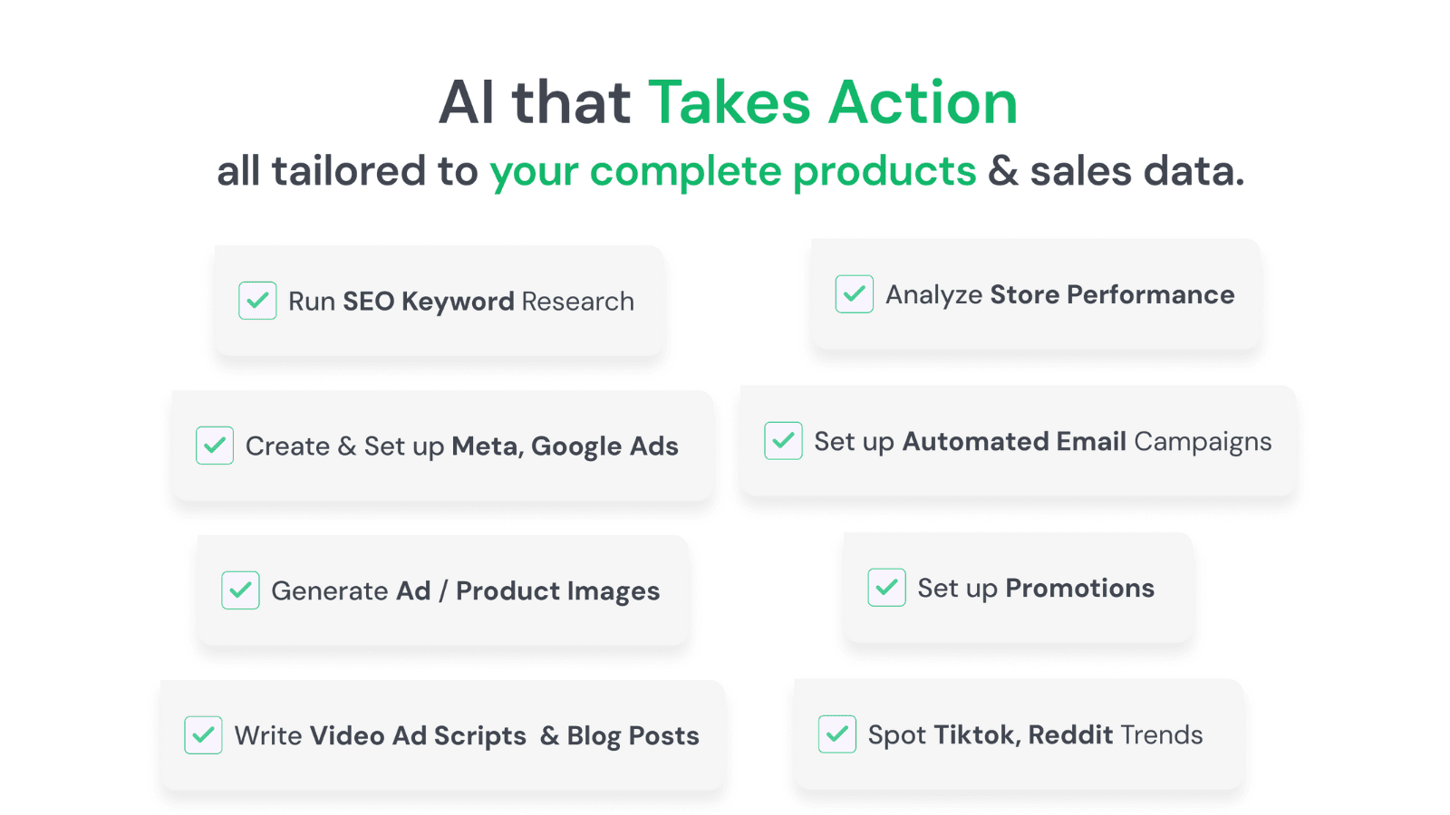 AI that Takes Action
all tailored to your complete products