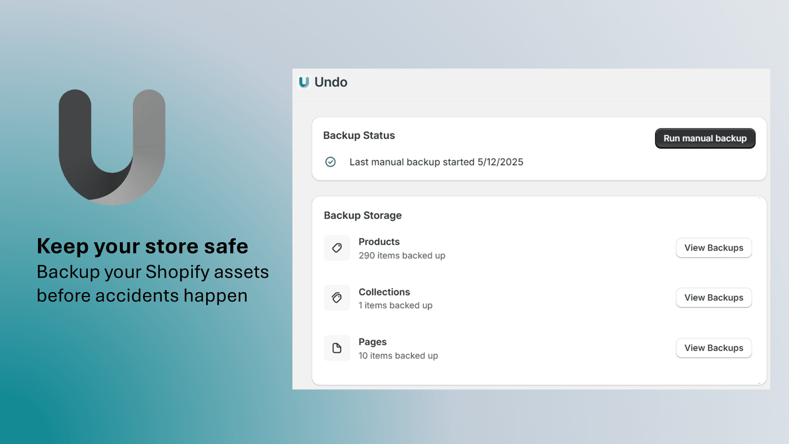 View of asset types backed up and manual backup timestamp