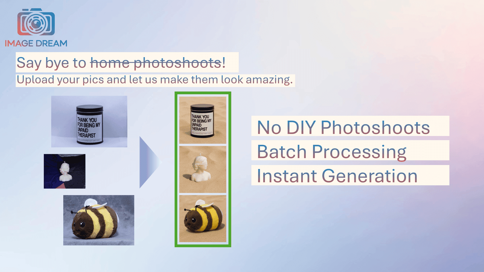 ImageDream app with background options and product upload area