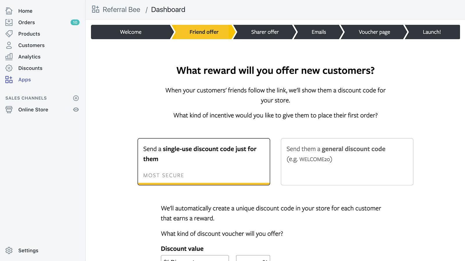 screen showing reward options for new customers