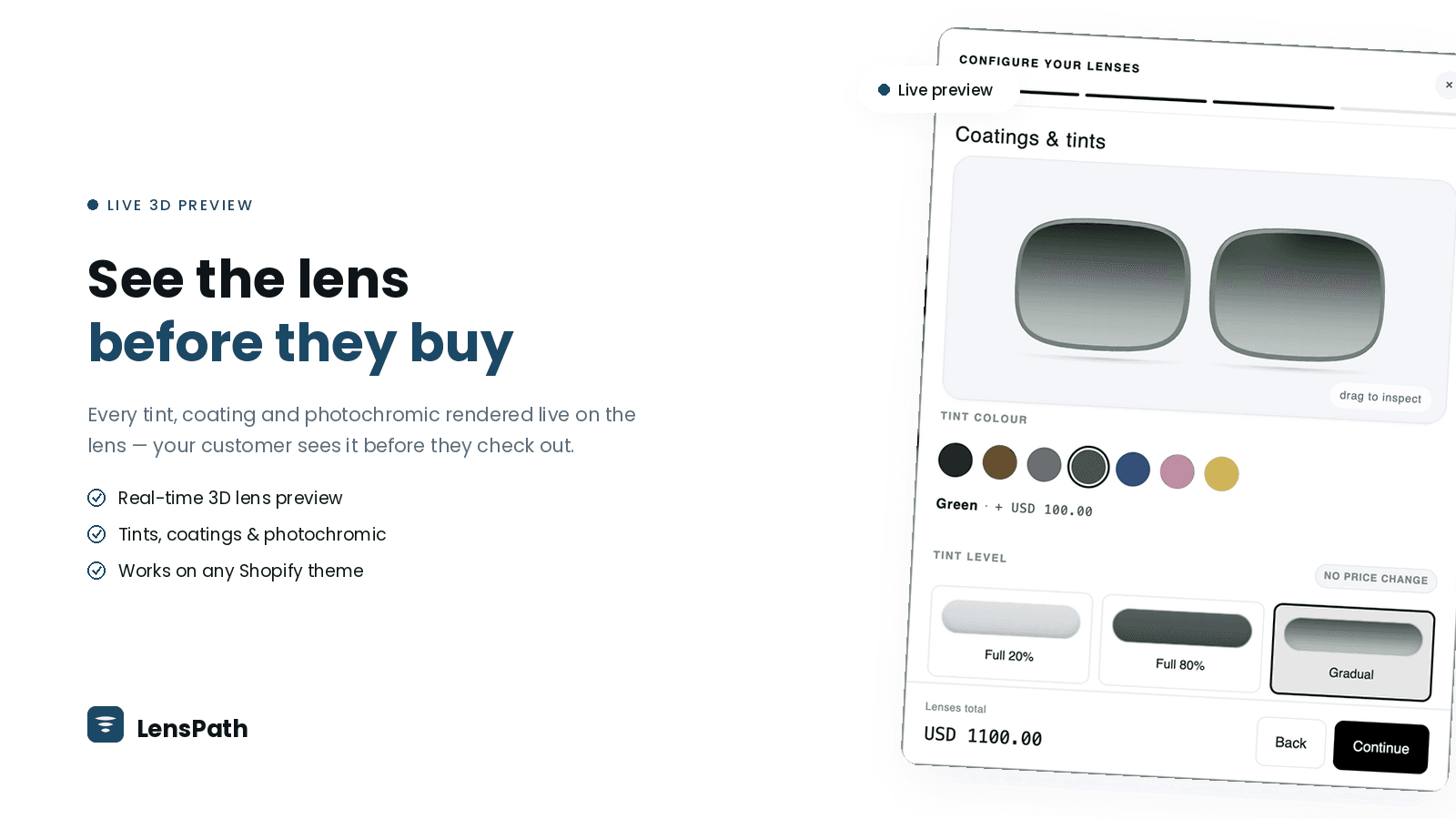 Live 3D lens preview showing green gradient tint on lenses