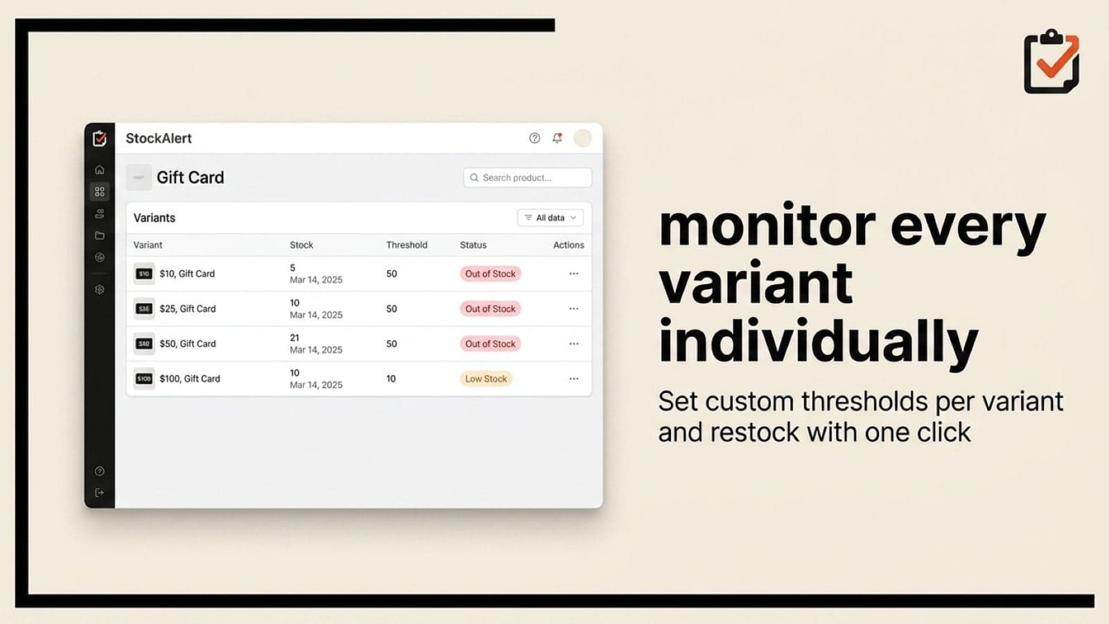 StockAlert inventory dashboard with stock levels and statuses