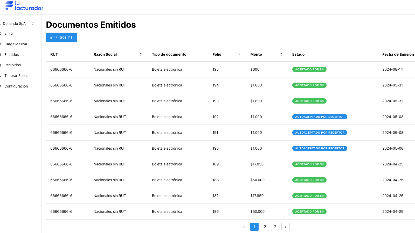 Vista de los documentos emitidos