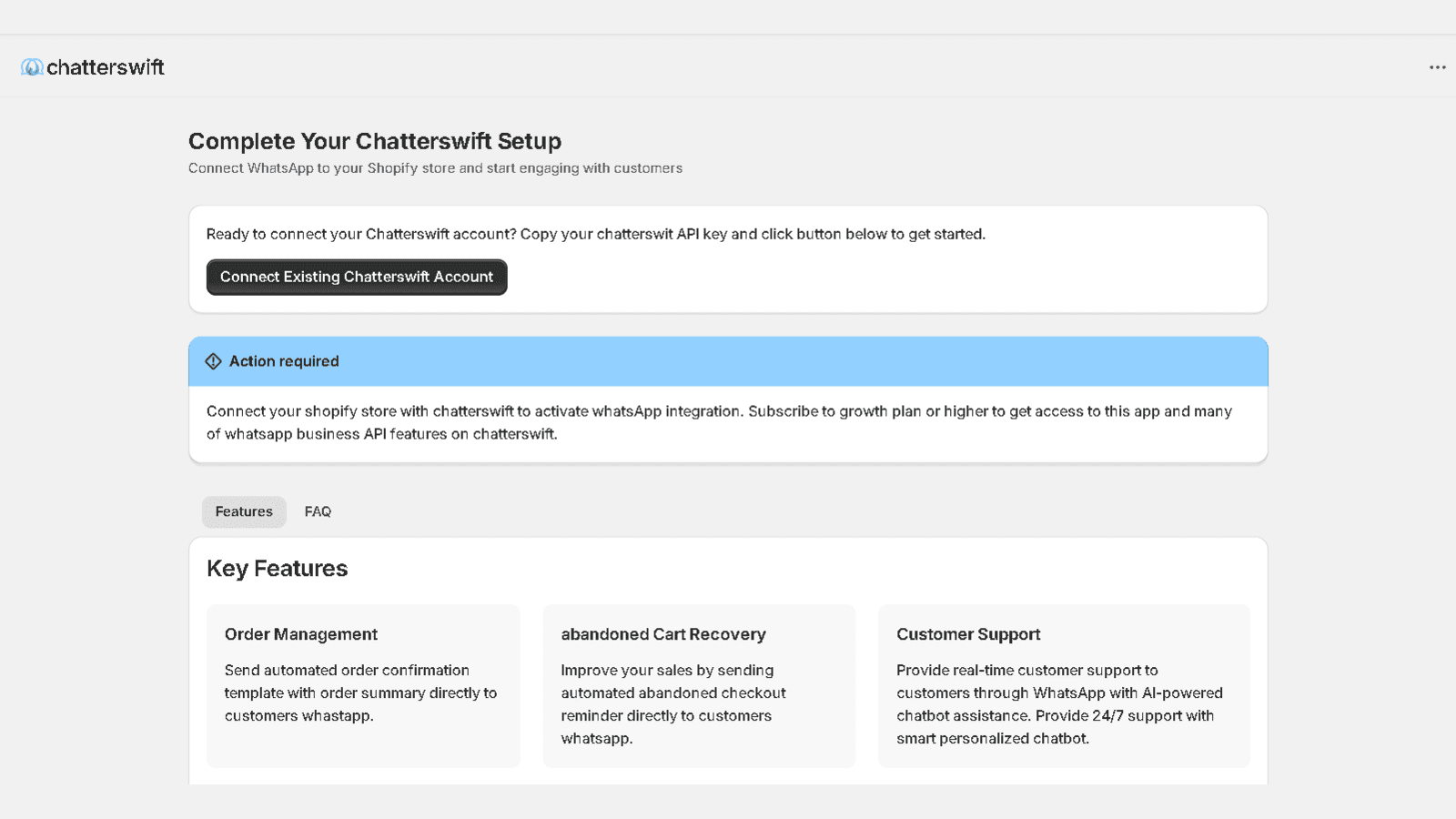 Landing page when user installs app, link chatterswift account