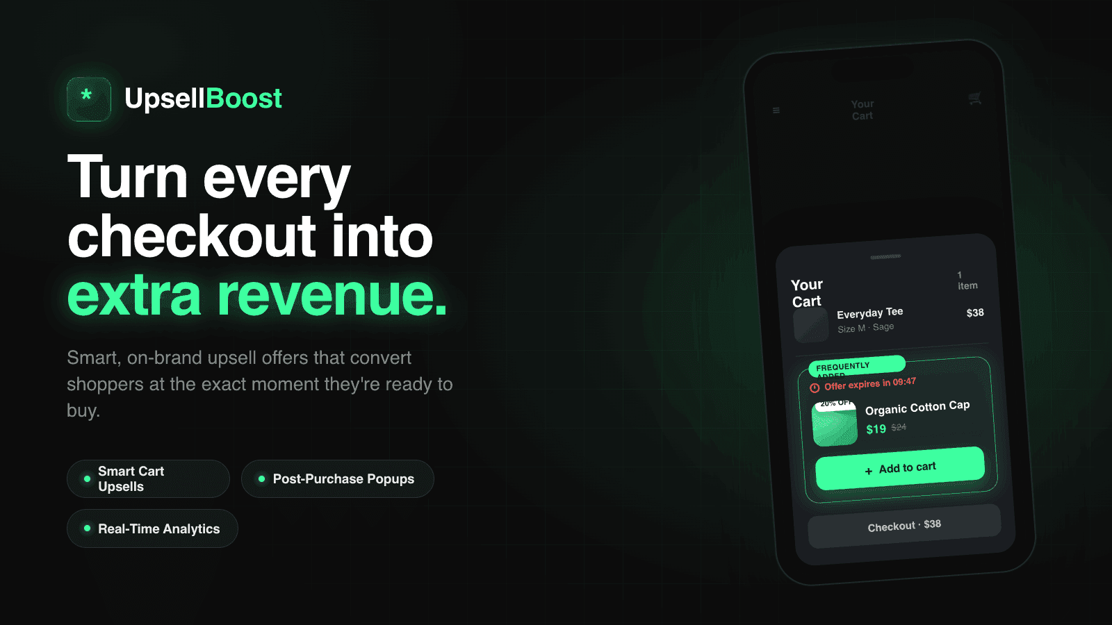 UpsellBoost cart upsell with timer, discount badge, and stats
