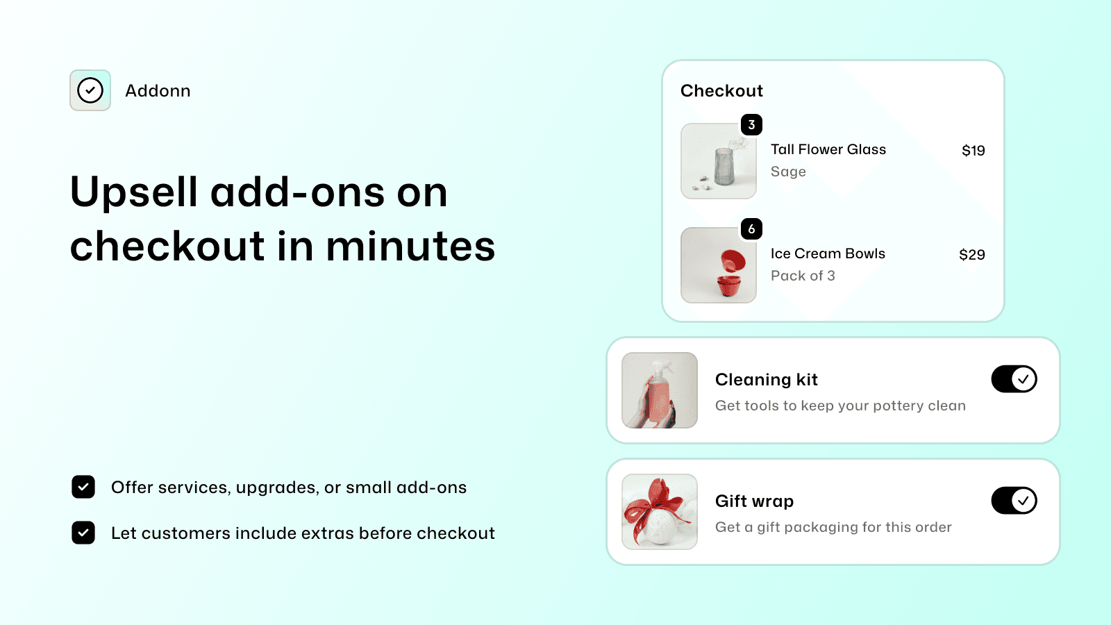 Addonn add-ons upsell widget shown in Shopify checkout page