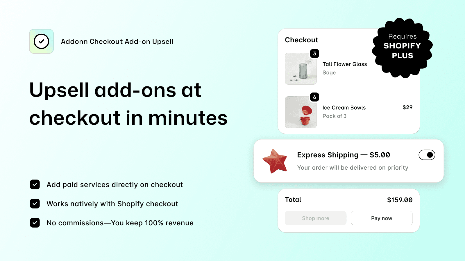 Addonn add-ons upsell widget shown in Shopify checkout page