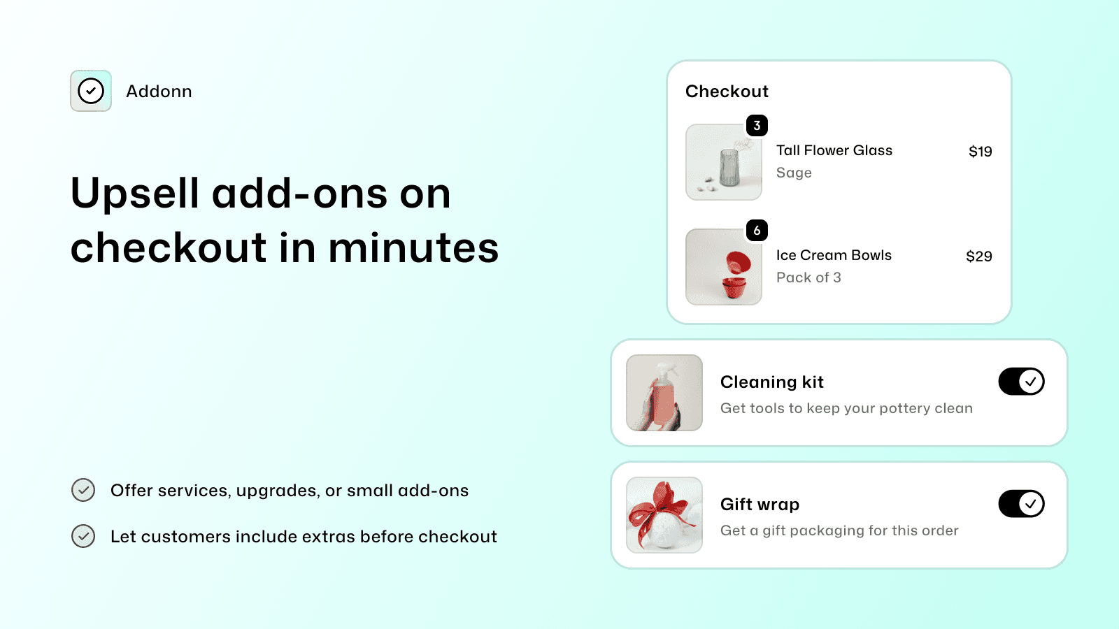 Addonn add-ons upsell widget shown in Shopify checkout page