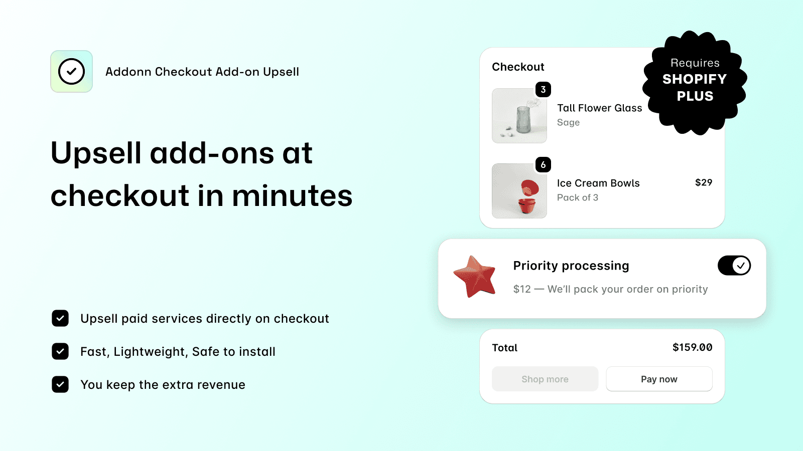 Addonn add-ons upsell widget shown in Shopify checkout page