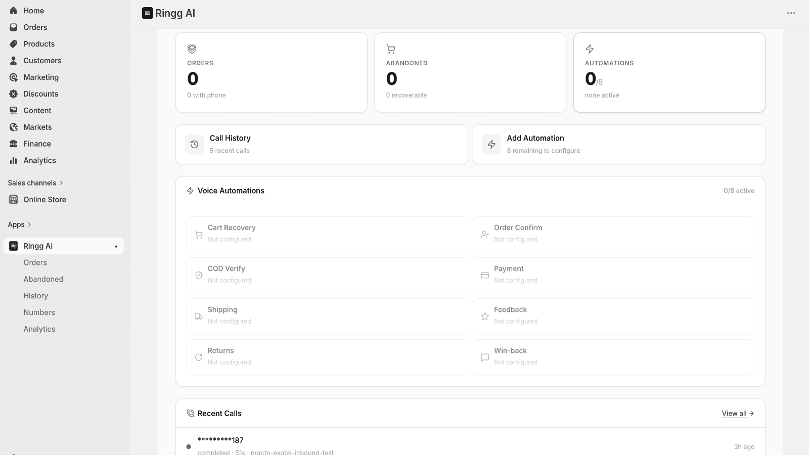 Ringg AI dashboard showing active automations and recent calls
