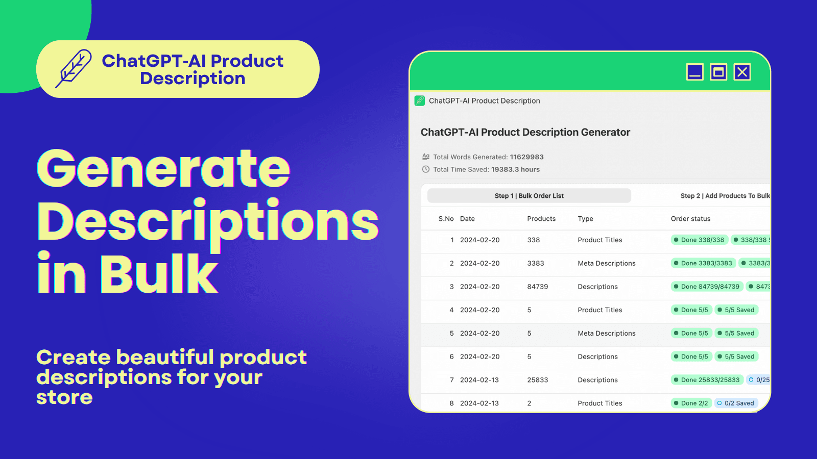 Bulk Product Descriptions By ChatGPT. Generate 10000+ Titles