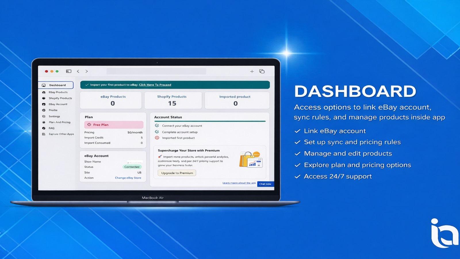 Dashboard view showing eBay account status, sync rules, products