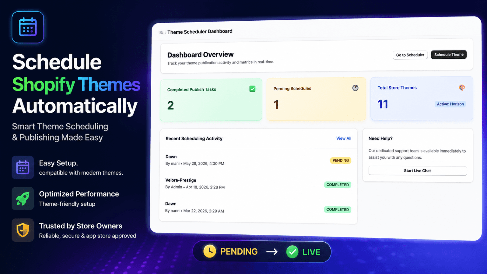 Automated theme scheduling dashboard with publishing status