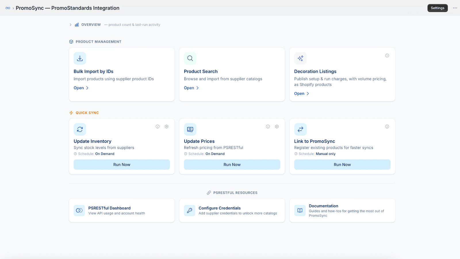Homepage leading to product imports and product data syncs