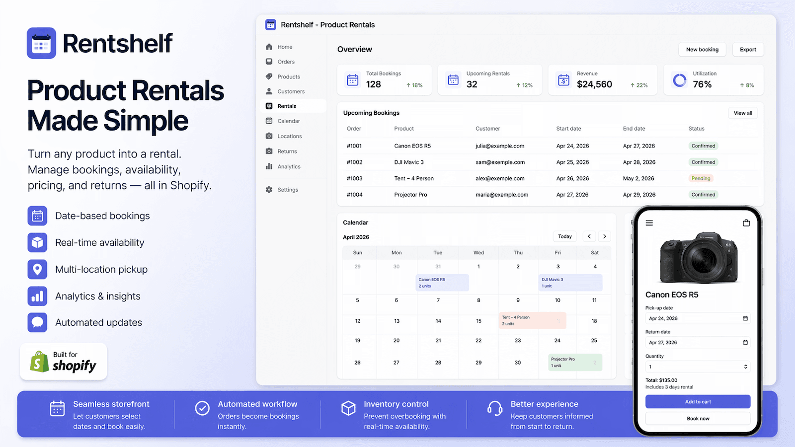 Rentshelf product rental app dashboard showing bookings calendar
